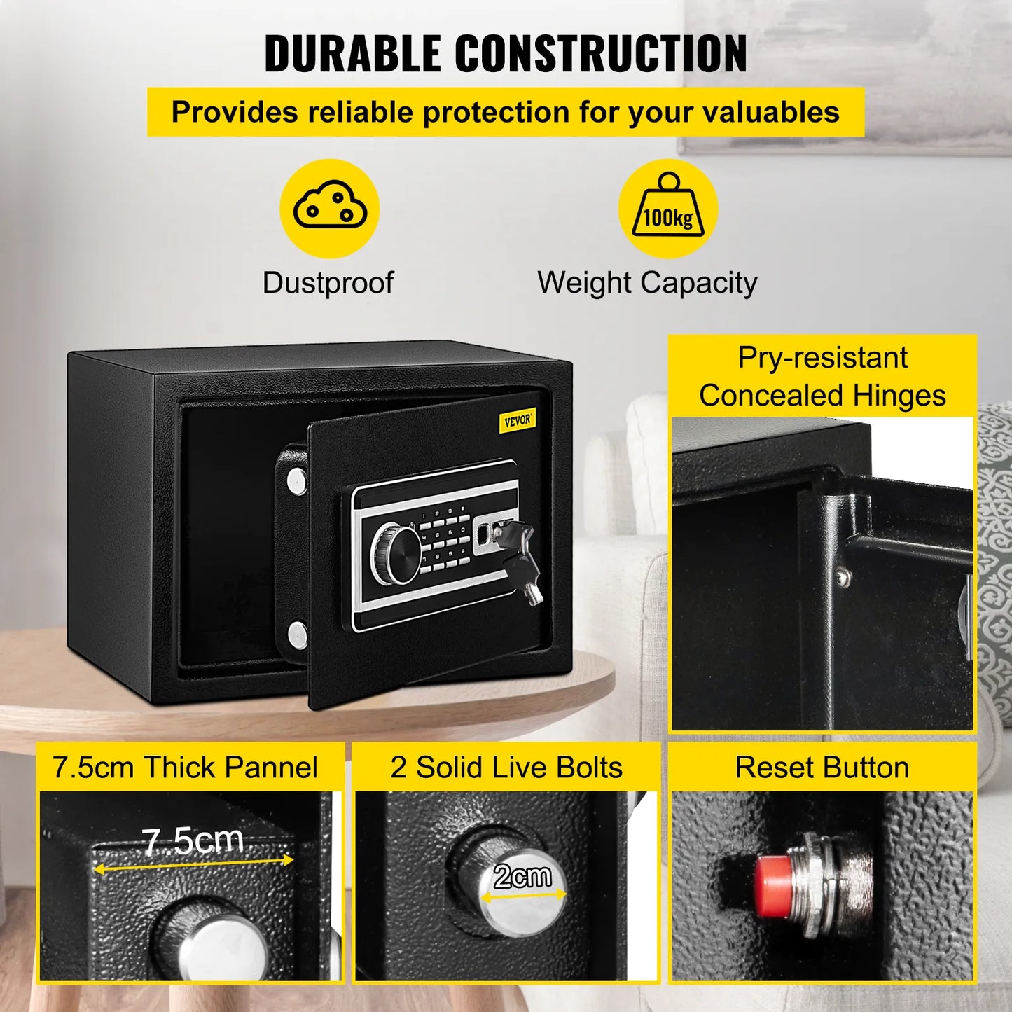 VEVOR SecureTouch Fingerprint Lock Safe Deposit Box: Digital Electronic Piggy Bank with 0.8/1.7/2.1 Cubic Feet Capacity - Ideal for Storing Money and Guns with Hidden Security.