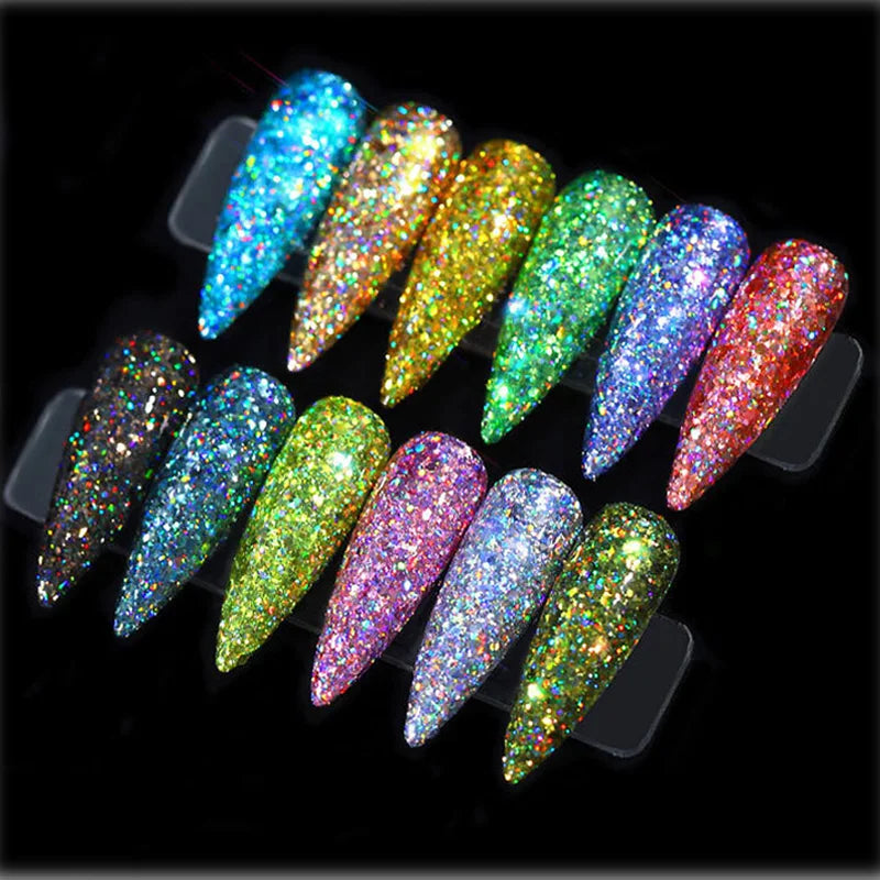 ShimmerGlow 12-Piece Nail Glitter Set: Iridescent Flakes, Sequins in Gold and Silver - Super Shining Paillette for Mesmerizing Nail Art Manicure Decorations