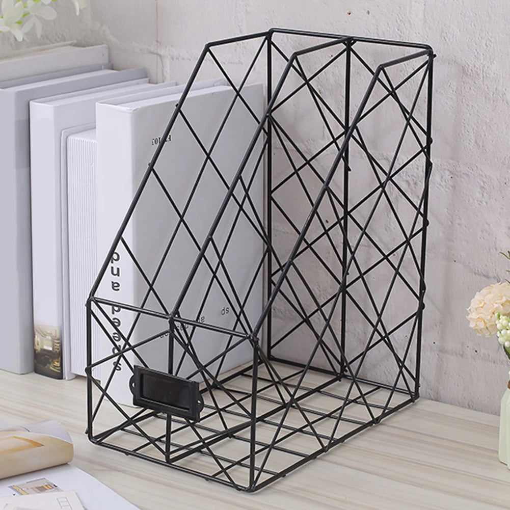 GridCraft OrganizeRack: Iron Grid Book Organizer - Book Stand Holder Shelf and Bookend with 1/2/4 Layers for Desktop Newspapers, File Storage, and Home Decor