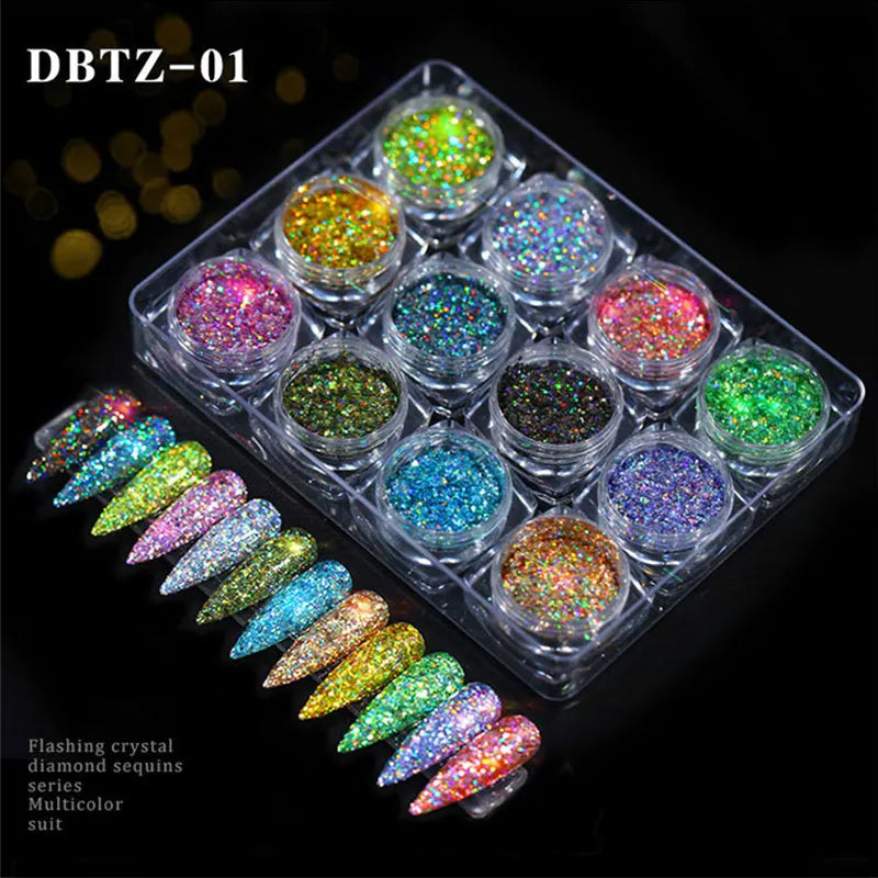 ShimmerGlow 12-Piece Nail Glitter Set: Iridescent Flakes, Sequins in Gold and Silver - Super Shining Paillette for Mesmerizing Nail Art Manicure Decorations