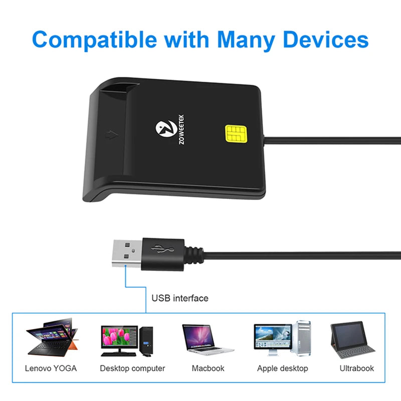 Zoweetek USB ID Smart Card Reader ZW-12026-1: Electronic DNI Reader for ISO 7816, EMV IC, DNIE Chip, and DNI Smart Cards. Facilitates Secure and Efficient Card Handling.